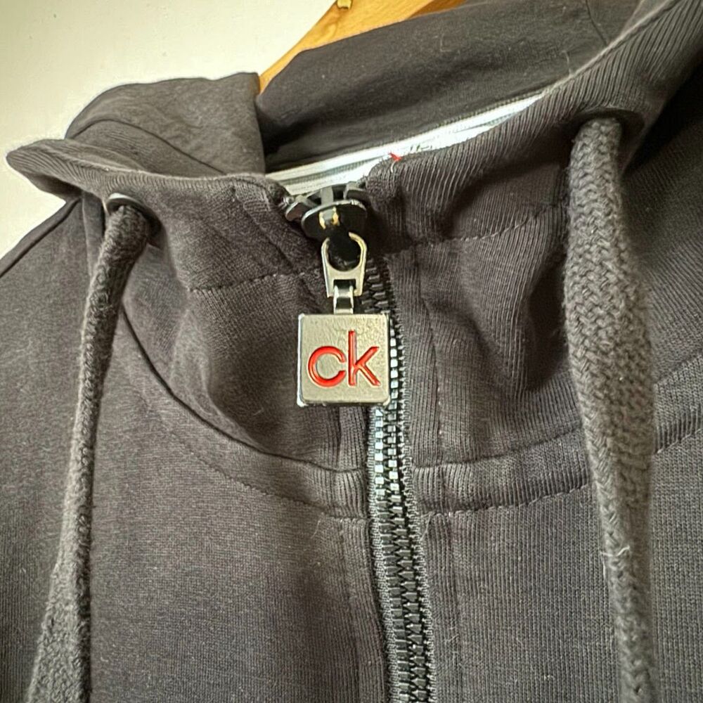 Calvin Klein Large Black Red Tech Jersey Jacket w Hoodie Full Zip Activewear - Picture 4 of 12